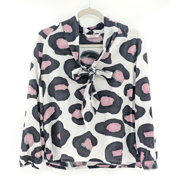 Tucker 100% Silk Leopard Print White Long Sleeve Tie Front Blouse USA Size Small - Picture 1 of 10